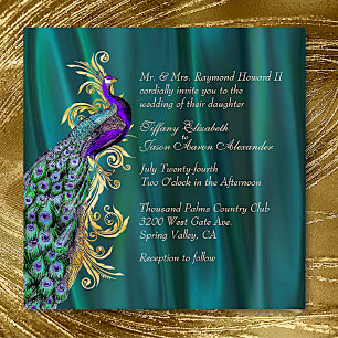 Elegant Teal Satin and Peacock Wedding Invitation