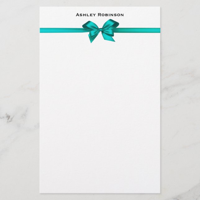 Elegant Teal Satin Bow on White Stationery (Front)
