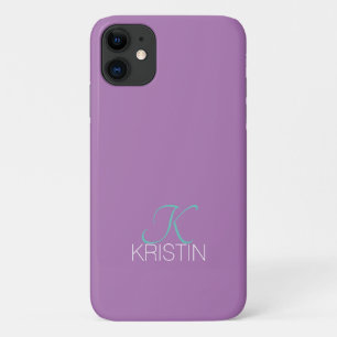 Elegant Teal Script Monogram & Name, Lavender iPhone 11 Case