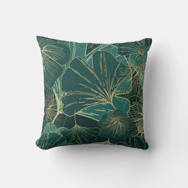 Elegant Teal Seagreen Floral Foliage Cushion (Front)