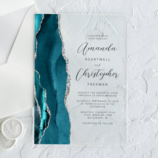 Elegant Teal Silver Agate Script Wedding Acrylic Invitations (Creator Uploaded)