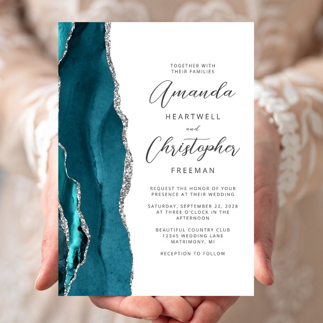 Elegant Teal Silver Agate Script Wedding Invitation (Creator Uploaded)