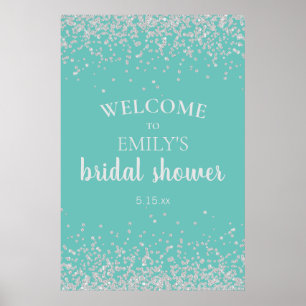 Elegant Teal Silver Confetti Bridal Shower Poster