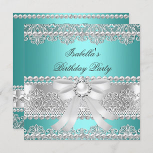 Elegant Teal Silver Diamond Pearl Birthday Party Invitation