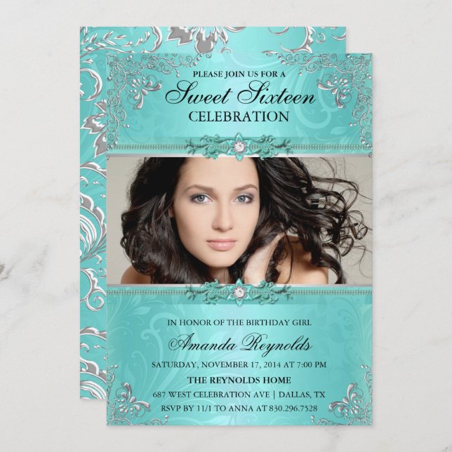 Elegant Teal & Silver Floral Sweet Sixteen Invite (Front/Back)