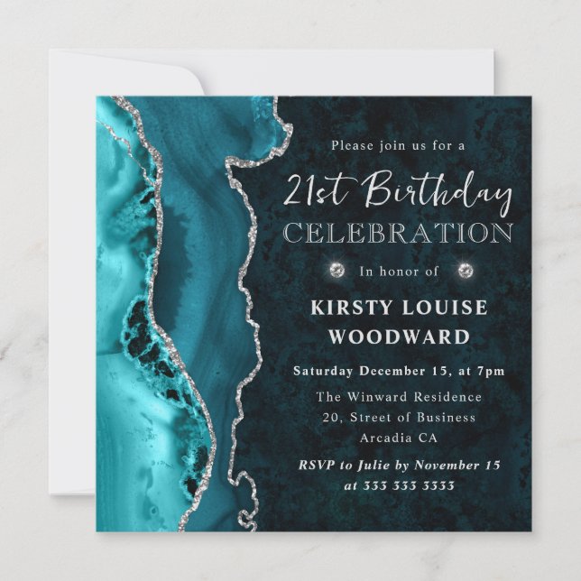 Elegant Teal & Silver Glitter Agate 21st Birthday Invitation (Front)
