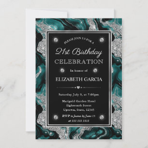 Elegant Teal & Silver Glitter Agate 21st Birthday Invitation