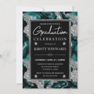 Elegant Teal & Silver Glitter Agate Graduation Invitation