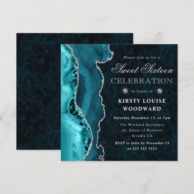 Elegant Teal & Silver Glitter Agate Sweet Sixteen Invitation (Front/Back)