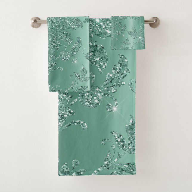 Elegant Teal Silver Glitter Pattern Design Bath Towel Set (Insitu)