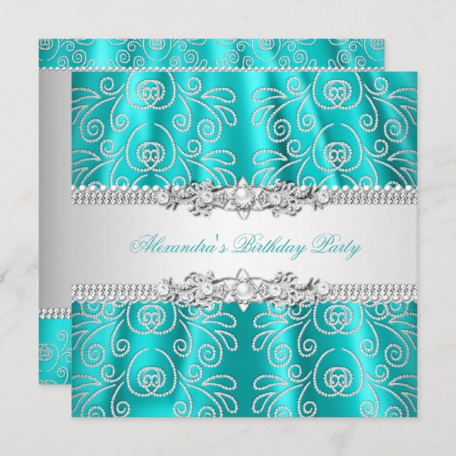 Elegant Teal Silver Lace Diamond Overlay Party Invitation (Front/Back)