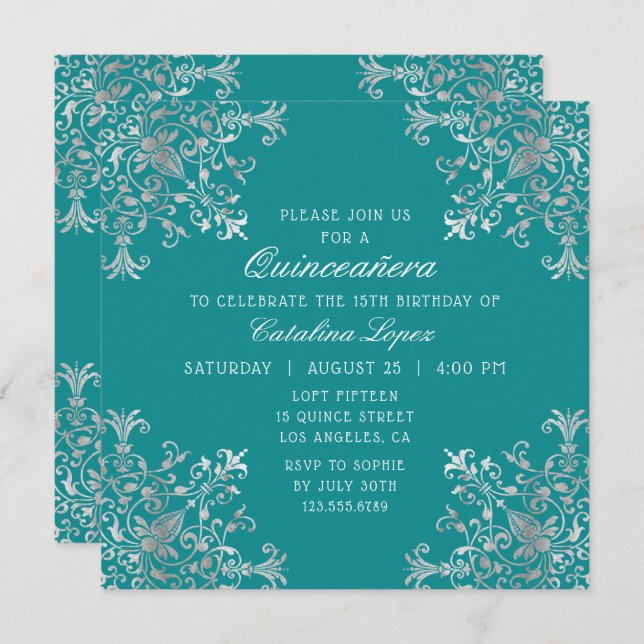Elegant Teal Silver Ornate Floral Quinceañera Invitation (Front/Back)