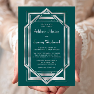 Elegant Teal Silver Vintage Deco Wedding Invitation
