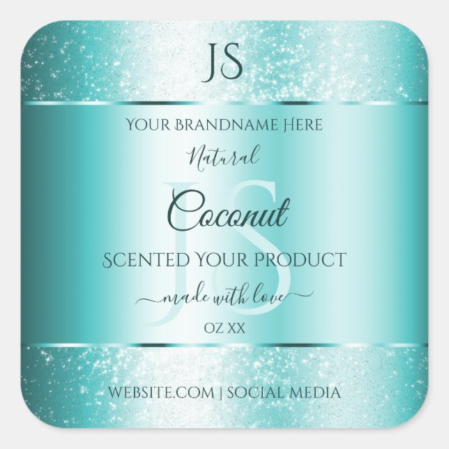 Elegant Teal Soft Glitter Product Labels Monogram (Front)