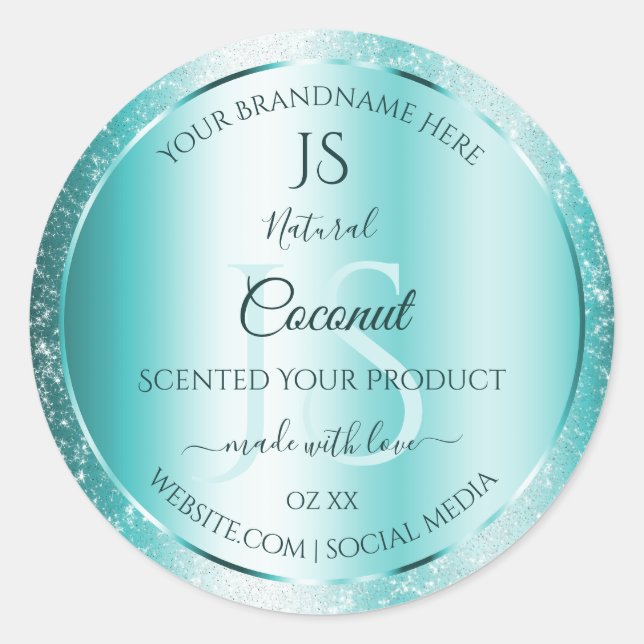 Elegant Teal Soft Glitter Product Labels Monogram (Front)