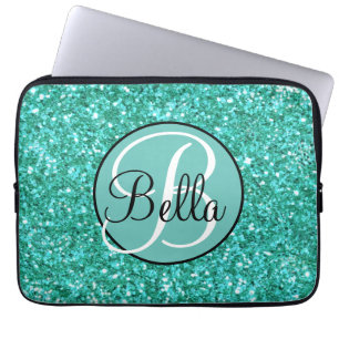 Elegant Teal sparkling glitter pattern monogram Laptop Sleeve