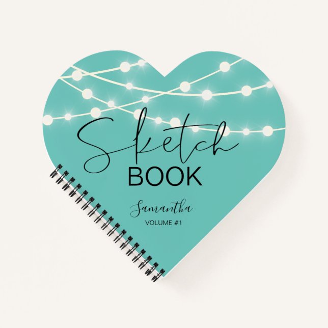 Elegant Teal String Lights Sketchbook Your Name Notebook (Front)