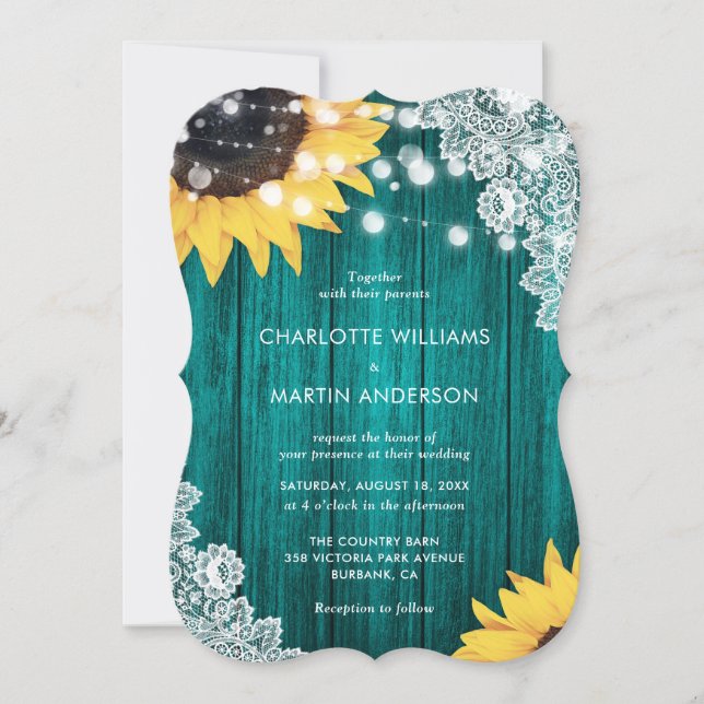 Elegant Teal Sunflower Rustic Wood Wedding Invitation (Front)