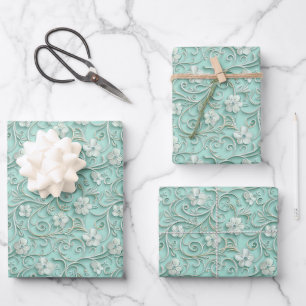 Elegant teal swirl flower pattern wrapping paper sheet