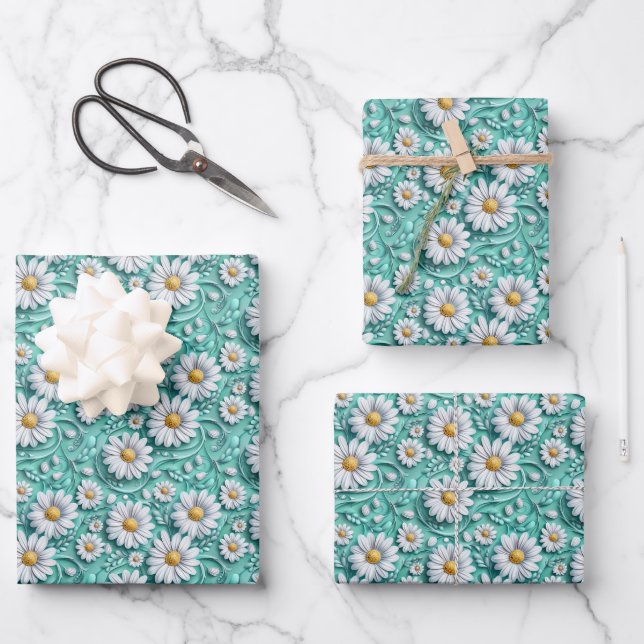Elegant teal swirl flower pattern  wrapping paper sheet (Front)