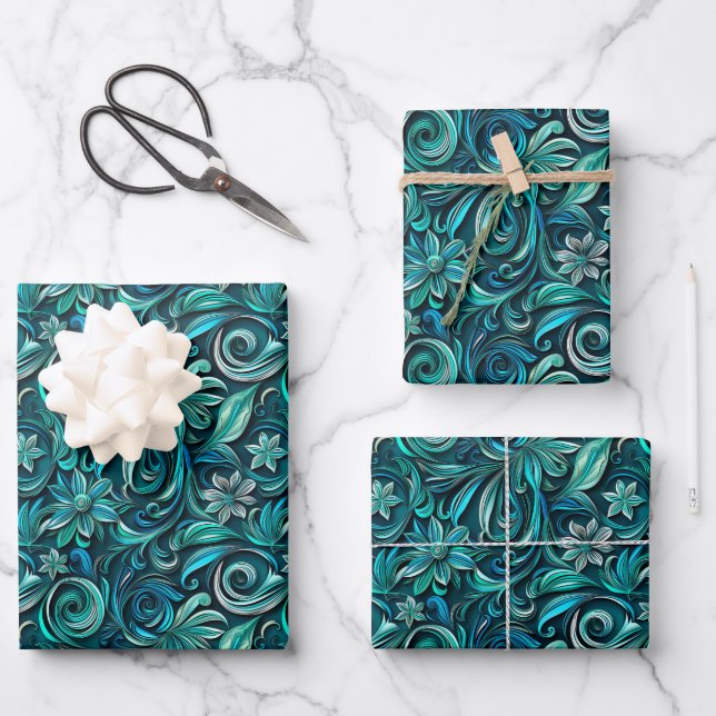 Elegant teal swirl leaf pattern wrapping paper sheet (Front)