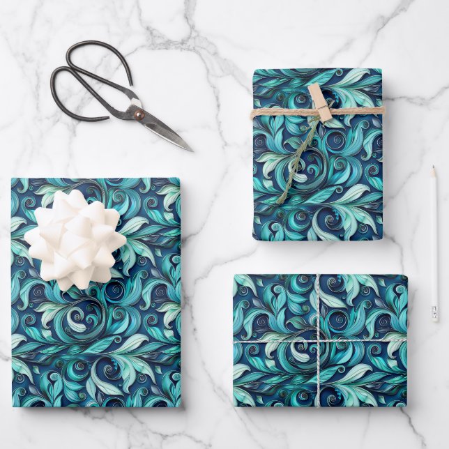 Elegant teal swirl leaf pattern  wrapping paper sheet (Front)