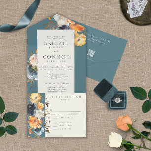 Elegant Teal Terracotta Navy Boho Floral All In One Invitation