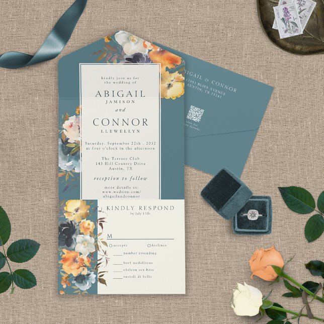 Elegant Teal Terracotta Navy Boho Floral All In One Invitation (Creator Uploaded)