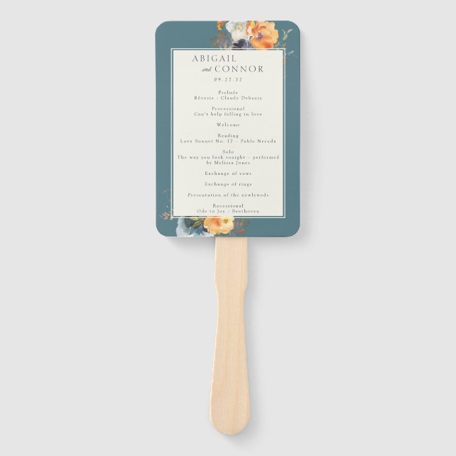 Elegant Teal Terracotta Navy Boho Floral Program Hand Fan (Front)