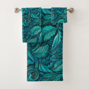 Elegant teal tooled leather bath towel set