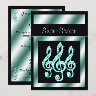 Elegant, Teal Treble Clefs Sweet 16 Invitation