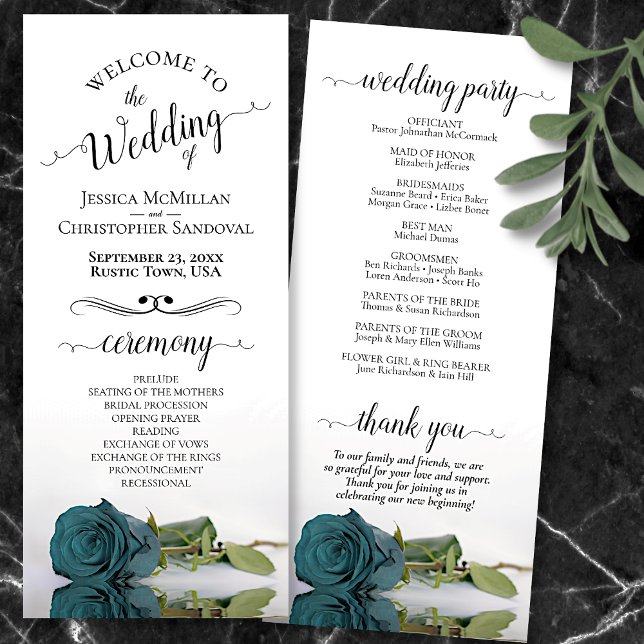 Elegant Teal Turquoise Aqua Rose Romantic Wedding Program (Front and Back)