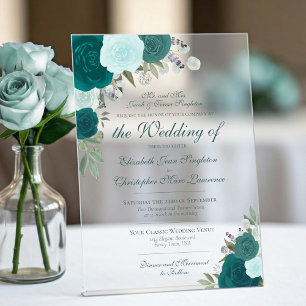 Elegant Teal Turquoise & Aqua Roses Formal Wedding Acrylic Invitations