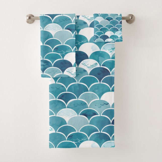 Elegant Teal Turquoise Blue Mermaid Scale Bath Towel Set (Insitu)