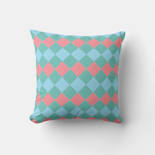 Elegant Teal Turquoise & Coral Pink Diamonds Cushion (Front)