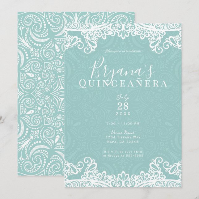 Elegant Teal Turquoise & Lace 15th Quinceañera   Invitation (Front/Back)