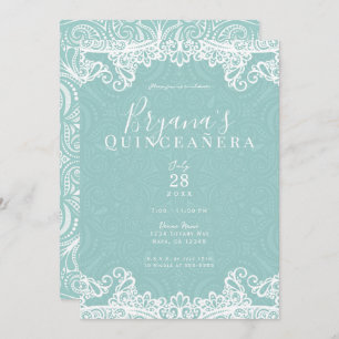 Elegant Teal Turquoise & Lace 15th Quinceañera   Invitation
