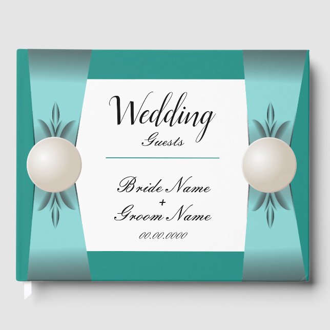 Elegant Teal & Turquoise Pearl Ribbon Wedding Guest Book (Front)