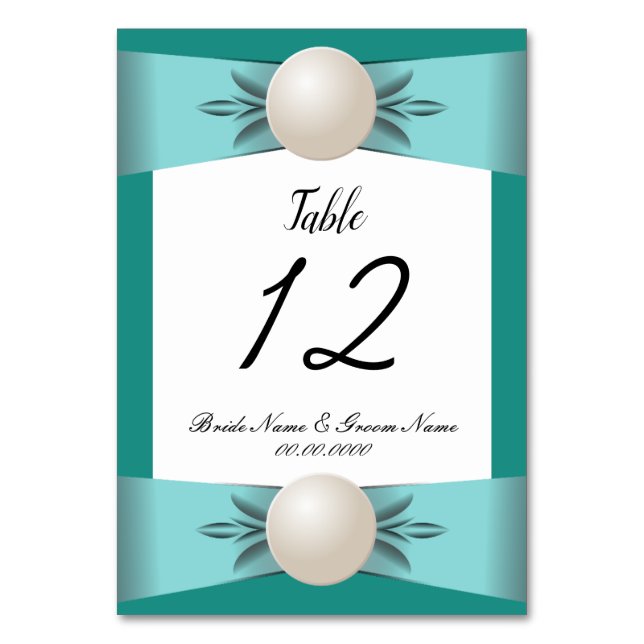Elegant Teal & Turquoise Pearl Ribbon Wedding Table Number (Front)