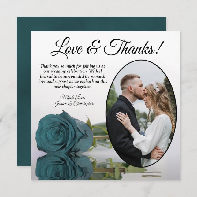 Elegant Teal Turquoise Rose Oval Photo Wedding Thank You Card (Front/Back)