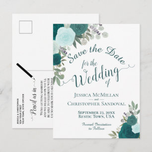 Elegant Teal Turquoise Roses Wedding Save the Date Announcement Postcard