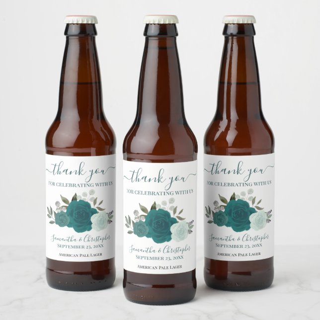 Elegant Teal & Turquoise Roses Wedding Thank You Beer Bottle Label (Bottles)