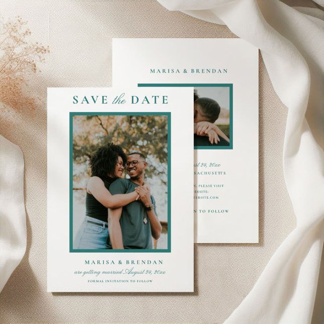 Elegant Teal Two Sided Photo Wedding Save The Date (Creator Uploaded)