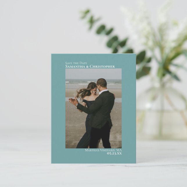 Elegant Teal Vertical Photo Minimalist Wedding Save The Date (Standing Front)