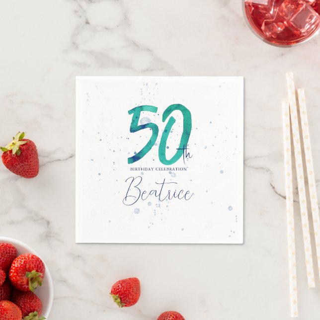 Elegant Teal Watercolor 50th Birthday  Napkin (Insitu)