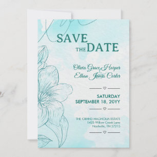 Elegant Teal Watercolor Floral Wedding Invitation