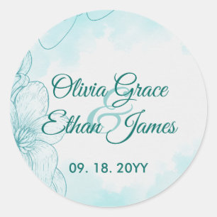 Elegant Teal Watercolor Floral Wedding Invitation  Classic Round Sticker