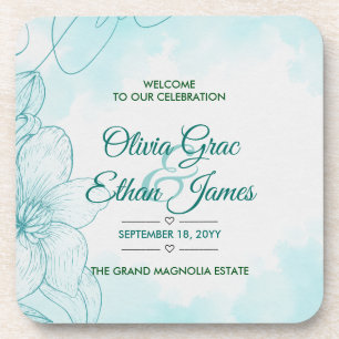 Elegant Teal Watercolor Floral Wedding Invitation  Coaster
