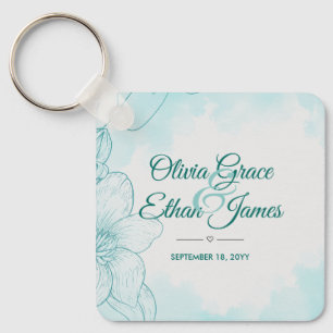 Elegant Teal Watercolor Floral Wedding Invitation Key Ring