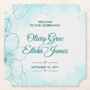 Elegant Teal Watercolor Floral Wedding Invitation Paper Coaster